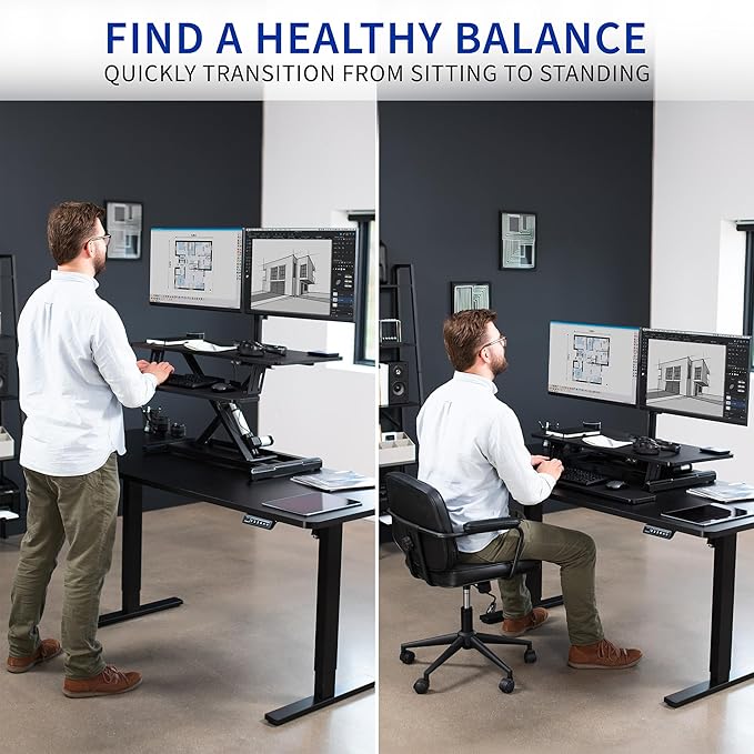 VIVO Electric Height Adjustable 36 inch Standing Desk Converter with Dual Monitor Stand for 13 to 30 inch Screens, Sit Stand Monitor Mount and Desk Riser, Black, DESK-KIT-VE36B2