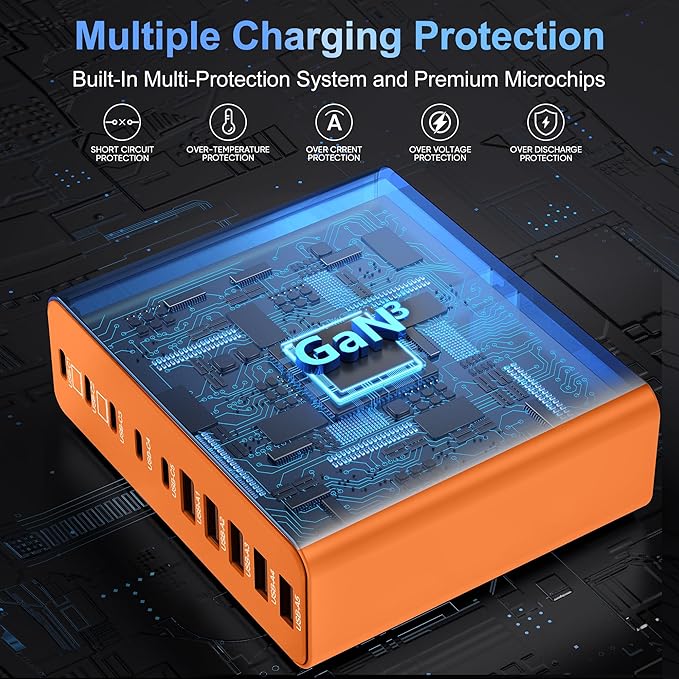 800W USB C Charger Block,10-Port Charging Station GaN Fast Charging Type C & USB A Wall Charger Adapter for MacBook Pro/Air,iPhone,iPad,Dell XPS,Samsung Galaxy(Orange)