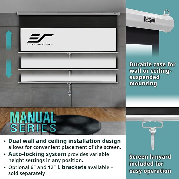 Elite Screens Manual Series, 100-INCH with 24" DROP, Pull Down Retractable Projector Screen, Movie Game Cinema, M100XWH-E24