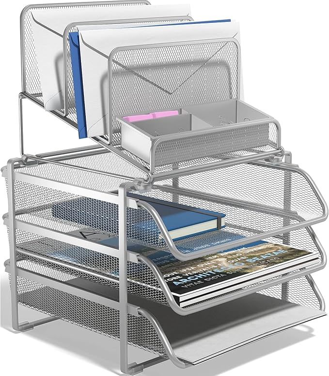 TRU RED All‑In‑One Wire Mesh Desk Organizer, 10‑Compartment, Silver – Complete Desktop Storage Solution for Office & Home Use