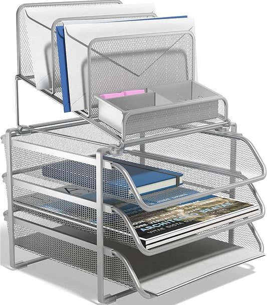 TRU RED All‑In‑One Wire Mesh Desk Organizer, 10‑Compartment, Silver – Complete Desktop Storage Solution for Office & Home Use