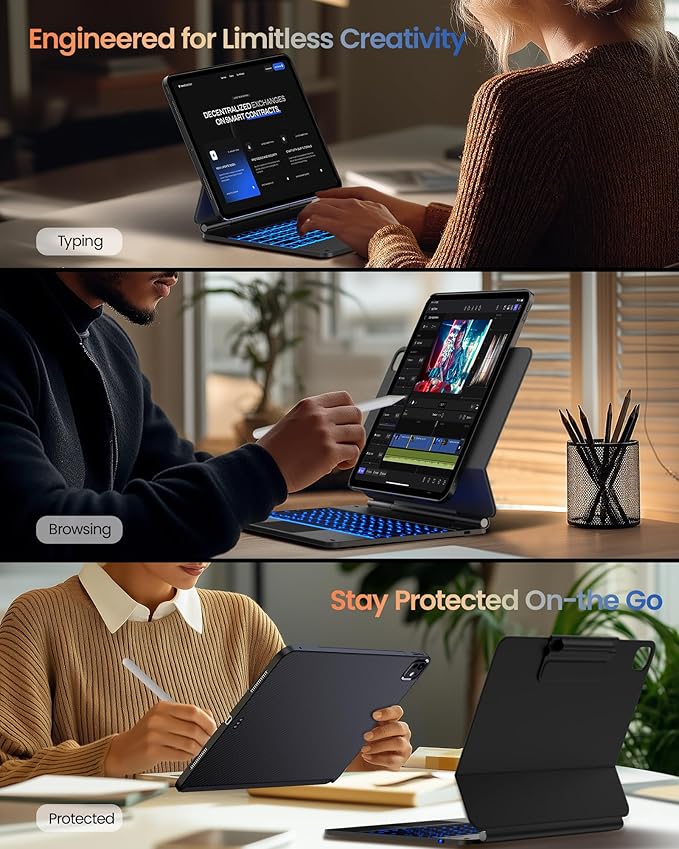 typecase Edge+ Keyboard Case for iPad Pro 13-inch (M5/M4) 2025/2024, Black Keyboard with Carbon Fiber Protective Case,Portrait & Typing Modes,Built-in Trackpad,11-Color Backlight,Magnetic Stand