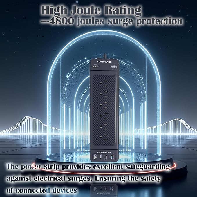 Surge Protector Power Strip/Heavy Duty 10ft Extension Cord with Multiple outlets/High Joules Protection (4800J)/18AC/1875W/15A/Usb A+C(PD20W),Flat Plug,Commercial,Industrial,Office,Home,Black
