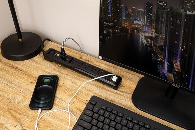 GE UltraPro 7-Outlet Surge Protector, 2 USB Ports, 4 Ft Power Cord, 1500 Joules, Flat Plug, Twist to Close Safety Covers, Power Filter, Circuit Breaker, Warranty, UL Listed, Black, 40482