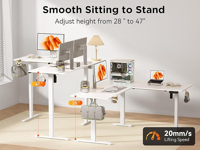 75x61 Inches Reversible L Shaped Standing Desk Height Adjustable with Cup Holder, Electric Corner Computer Workstation for Home Office, Ergonomic Sit Stand up Gaming Desk, White