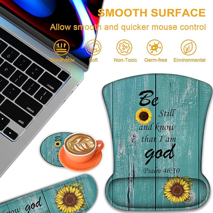 Ergonomic Mouse Pad, Mouse Wrist Rest Pad + Keyboard Wrist Rest Pad + Coaster, Made of Memory Foam, Easy to Use and Relieve Wrist Pain, Computer, Games, Office, Home - Sunflower Psalm 46:10