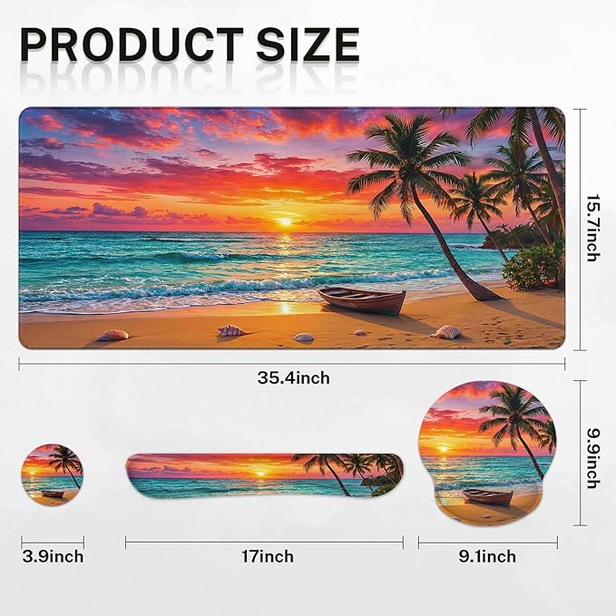 Arttown Sun Beach Desk Mat Tropical Ocean Mouse Pad Set 4 in 1 Ergonomic Design Large Mouse Pad + Keyboard Wrist Rest + Mouse Wrist Rest + Coaster Suitable for Home Office Study Game