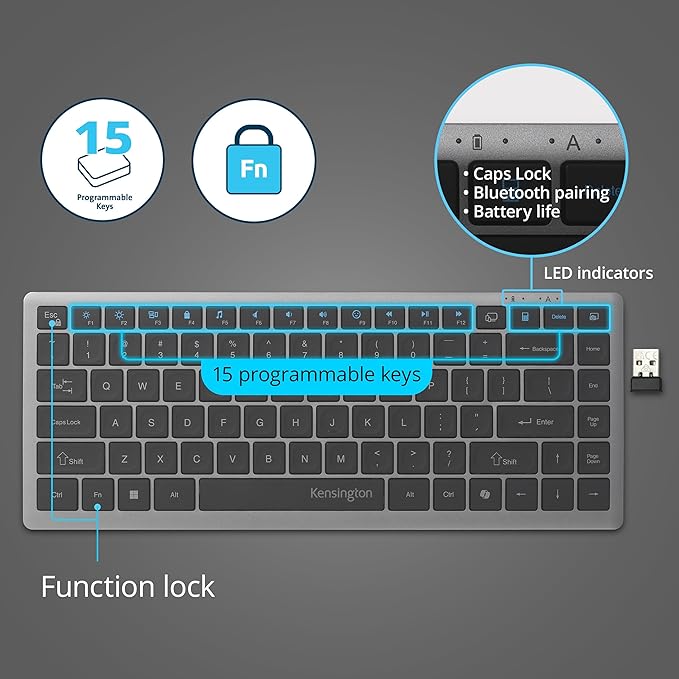 Kensington KB435 Wireless Compact Keyboard, Bluetooth & 2.4GHz Connection, Quiet Scissor-Switch Keys, Programmable, Copilot Hotkey, Compatible with Windows, Black (K75409NA)