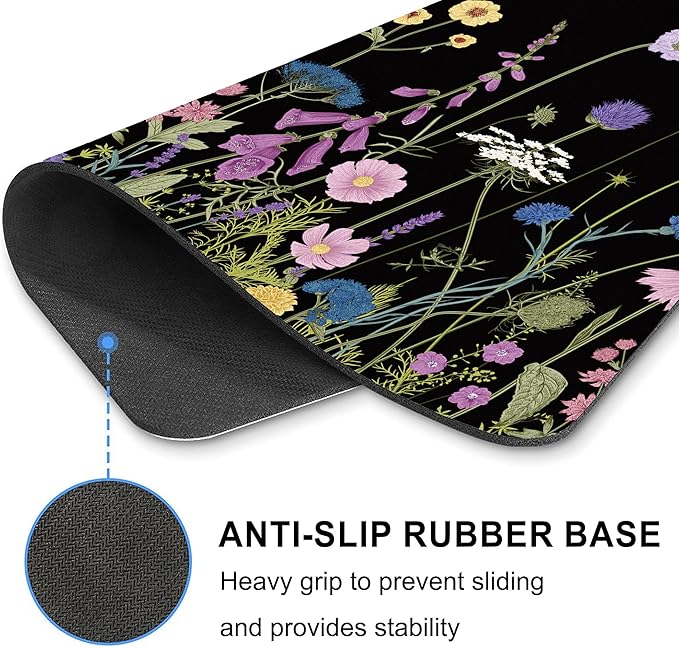 Black Floral Mouse Pad Flower Mousepad Purple Colorful Aesthetic Cute Desk Rectangular Laptop Women Girl Computer Office Small Non-Slip Wireless Mat Washable Decor Accessories Travel Gaming Supplies