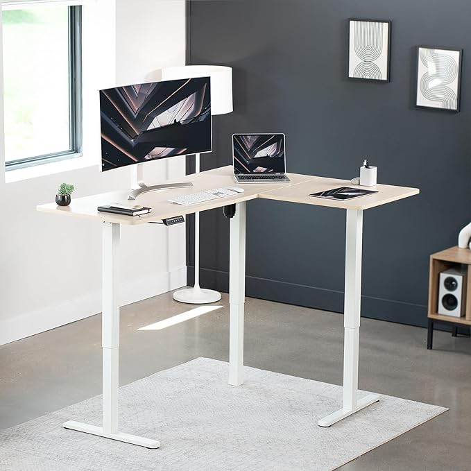 VIVO Corner Standing Desk, 63 x 47 inch Reversible L-Shaped Workstation, Electric Height Adjustment, Home, Office, and Reception Rooms, Light Wood Table Top White Frame, DESK-E3CTWC-47