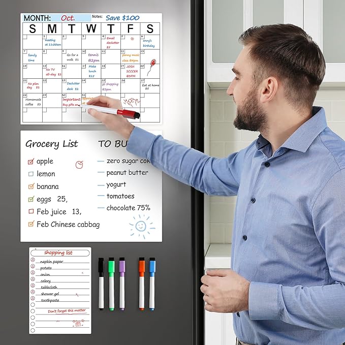 Dry Erase Magnetic Calendar for Refrigerator, 3 Pack- Monthly & Blank & Daily Planner Magnet Whiteboard for Fridge Wall - Shopping, Meal/Menu, to Do List, Family Schedule Planning Board (10HB-RIKO3)