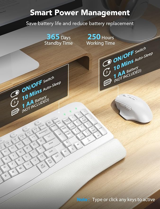 SABLUTE Wireless Keyboard and Mouse Combo, Ergonomic Wave Keys, Cushioned Plam Rest, Comfortable Silent Natural Typing, 2.4G Lag-Free, MA12 Full Size Keyboards Set for Multi-OS, Windows/Mac, White