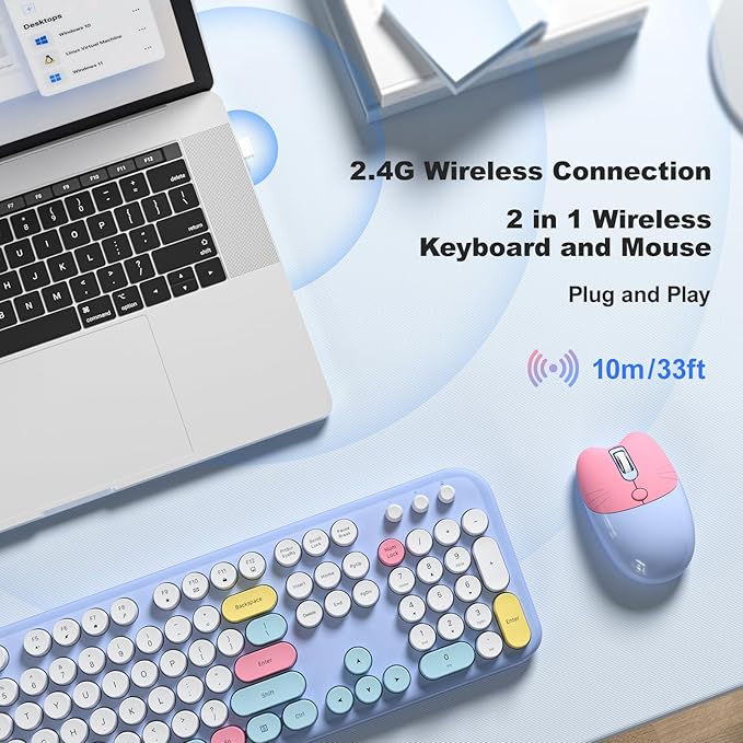 MOFII Wireless Keyboard and Mouse Combo, Cute Keyboard Full Size and Wireless Mouse, 2.4GHz Retro Typewriter Keyboard Mouse Set for PC/Desktop/Laptop/Windows (Pale Blue Colorful)