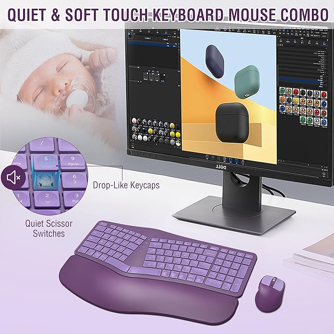 Ergonomic Wireless Keyboard Mouse Combo, EDJO Bluetooth/2.4G Dual Channel, Split Design, Soft Foam Palm Rest, 4 Level DPI Adjustable Wireless Mouse, Rechargeable, for Windows/Mac/Android(Purple)