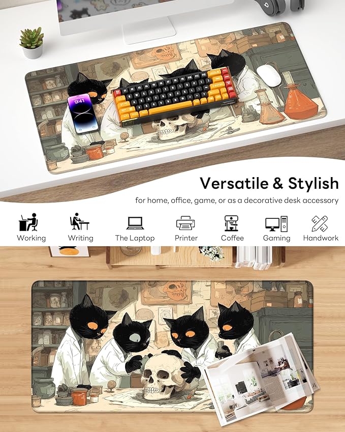 XL Gaming Mouse Pad, 31.5x15.7'' Large Desk Mat with Anti-Slip Rubber Base & Stitched Edges for Gaming, Office, Home, Professor Cat