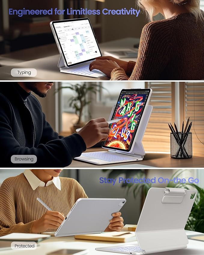 typecase Edge+ Keyboard Case for iPad Air 13"(M4/M3/M2, 2026/2025/2024) & iPad Pro 12.9"(3/4/5/6th Gen), Ultra-Slim Detachable Case, Portrait & Typing Modes, 11-Color Backlight, Magnetic Stand, White