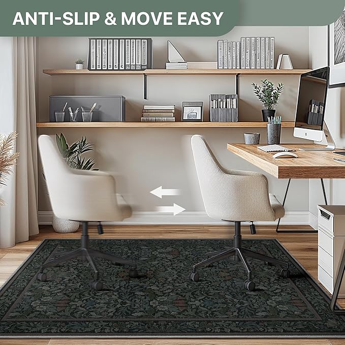36"x48" Office Chair Mat for Hardwood Tile Floor, Under Desk Carpet Protector for Rolling Computer Chair Mat, Machine Washable Area Rug, Anti-Slip 1/5" Thick Low Pile Thin Vinyl Floor Mat, Dark Green