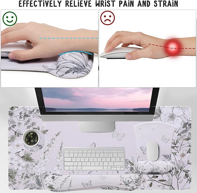 MEGREZ 4-in-1 Ergonomic Memory Foam Wrist Rest Set, Desk Pad, Mouse Pad with Wrist Rest, Keyboard Pad, Suitable for Office Workers, Programmers & Gamers–Relieve Typing & Gaming Fatigue, Green Flower