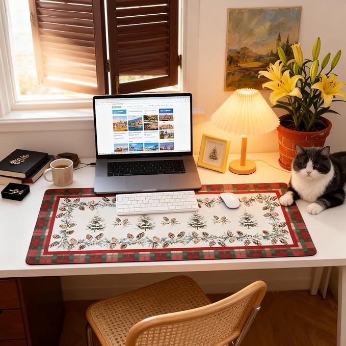 Christmas Tree Plaid XXL Desk Mat - Large Mouse Pad with Anti-Slip Base & Stitched Edges for Women, Festive Desk Pad for Computer, Keyboard and Home Office