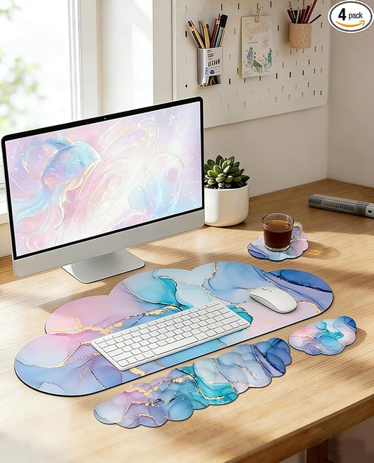 JIKIOU Large Cloud Mouse Pad Waterproof with Cloud Keyboard Wrist Pad and Cloud Mouse Wrist Pad Set, Ergonomic Computer Desk Wrist Support Mousepad for Keyboard and Mouse 35.4x15.7in Marble Blue