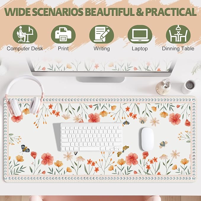 Desk Pad for Keyboard and Mouse, Large Mouse Pad for Desk, Non-Slip Keyboard Mat, Computer Mats for Desk, Cute Desk Pad with Stitched Edges for Office, Gaming I Apricot Butterflies Flowers