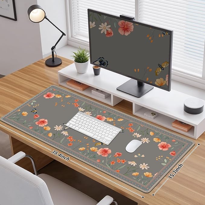 Desk Pad for Keyboard and Mouse, Large Mouse Pad for Desk, Non-Slip Keyboard Mat, Computer Mats for Desk, Cute Desk Pad with Stitched Edges for Office, Gaming I Brown Butterflies Flowers