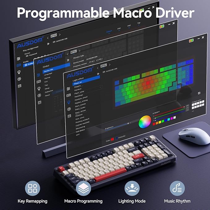 AUSDOM Wireless Bluetooth Mechanical Keyboard, BT5.3/Type-C/2.4G Tri-Mode Hot swappable Custom Gaming Keyboards, Gasket, RGB, Numpad, Blue Computer Keyboard for Mac/Win/Office, 98 Keys(Click Sound)