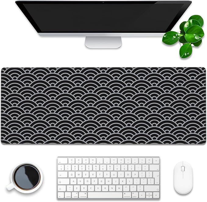 Desk Pad, Black and Silver Fan-Shaped Waves Extended Gaming Mouse Pad Large, 31.5"x11.8" Big Mouse Pad with Non-Slip Base and Stitched Edge, Long Computer Keyboard Mouse Mat for Home Office Work