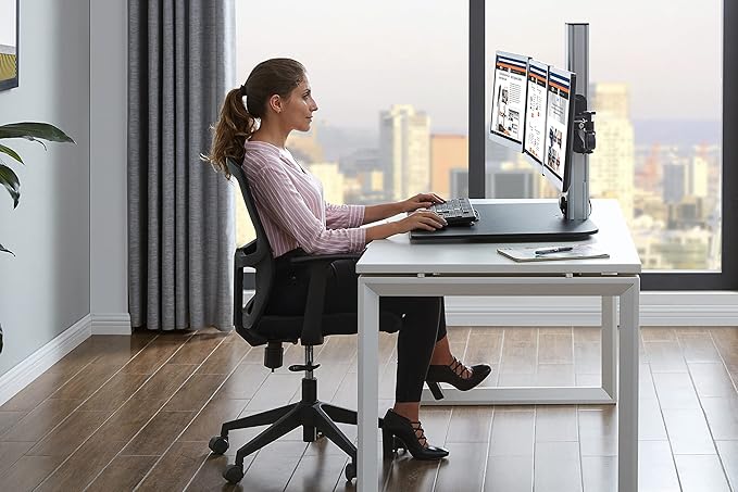 Victor DC475 High Rise Electric Triple Monitor Standing Desk Converter | Three Large Monitor Sit-Stand Desk | 28” Wide Work Surface | Compatible with Any Standard Desk | Adjustable Monitor Holder