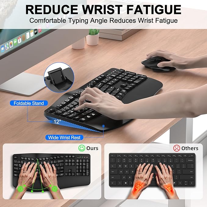 Wireless Keyboard and Mouse Combo, EDJO 2.4G Full-Sized Wave Keys Ergonomic Keyboard and Wireless Optical Mouse, Energy-Saving Wireless Mouse Keyboard for Computer, Mac, Laptop, PC, Windows