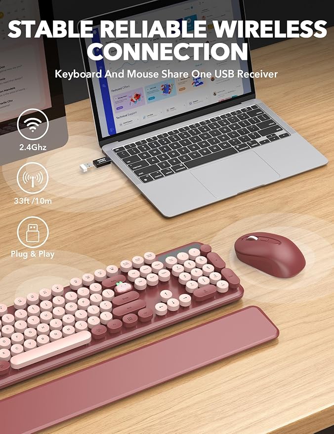 Wireless Keyboard and Mouse Combo - Cute Typewriter Keyboard with Detachable Wrist Rest, Retro Round Keycaps, Foldable Legs, 2.4GHz Full-Size Keyboard for PC, Laptop, Windows - Trueque (Wine Red)