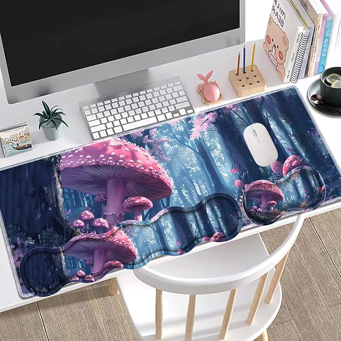 Large Gaming Mouse Pad + Keyboard Wrist Rest + Wrist Support + Coaster Set, Memory Foam Ergonomic for Easy Typing, XXL Extended Gaming Mouse Pad Table Pad - Mushroom Forest