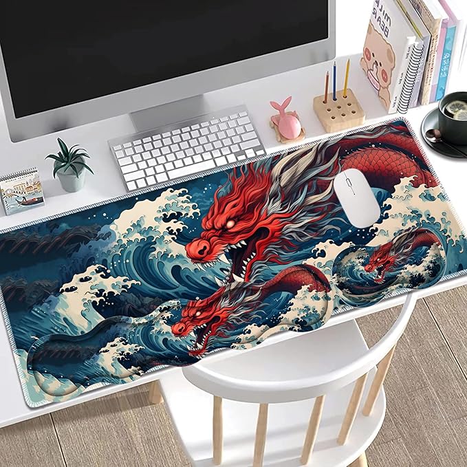 Large Gaming Mouse Pad + Keyboard Wrist Rest + Wrist Support + Coaster Set, Memory Foam Ergonomic for Easy Typing, XXL Extended Gaming Mouse Pad Table Pad - Sea Wave Red Dragon