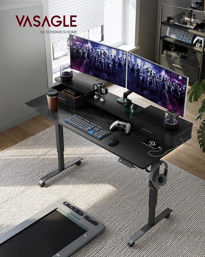 VASAGLE Electric Standing Desk with Drawers, 55.1 x 23.6 Inches, Sit Stand Desk with Power Outlet and LED Lights, Adjustable Height, Storage Shelf, 3 Memory Buttons, for Home Office, Ink Black