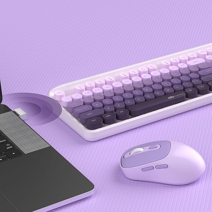 Wireless Keyboard and Mouse Combo Round keycaps Retro Typewriter Keyboard 104 Key Full-Sized Keyboards Automatic Power Saving 2.4GHz Wireless Connection for Mac/Windows/PC