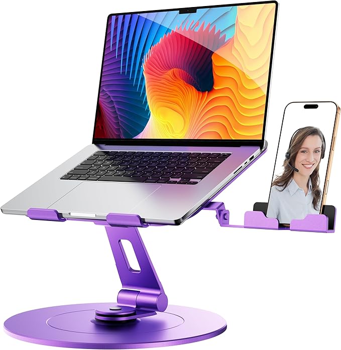 Laptop Stand with Phone Holder, Adjustable Laptop Stand with Base, Aluminum Computer Mount Holder, Ergonomics Printer Stand, Fits MacBook, up to 17.3" All Notebooks Purple
