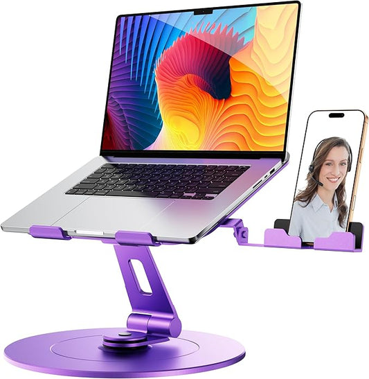 Laptop Stand with Phone Holder, Adjustable Laptop Stand with Base, Aluminum Computer Mount Holder, Ergonomics Printer Stand, Fits MacBook, up to 17.3" All Notebooks Purple