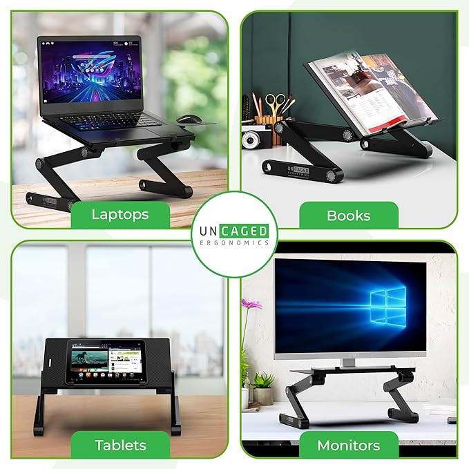 Uncaged Ergonomics WorkEZ Adjustable Laptop Stand for Desk, Laptop Stand Adjustable Height, Foldable Aluminum Cooling Computer Holder & Riser for Desk Bed, Black, XL