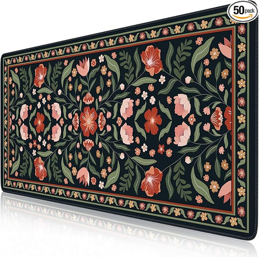 iLeadon Cute Desk Cover Mat, Extended Floral Stitched Edges Desk Pad for Keyboard and Mouse, Soft Large Gaming Mouse Pad, Non Slip Desks Blotter Mat for Office Home (Black)