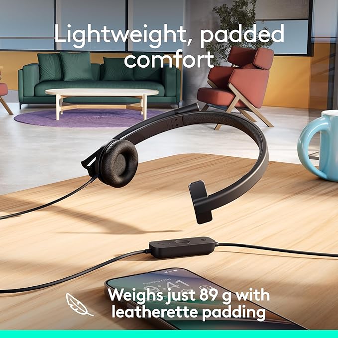 Logitech H570e USB Headset with Microphone for PC and Mac, USB-C Wired Headset with Mono Sound, Noise-Canceling Mics and Inline Controls, Certified for Microsoft Teams, Black