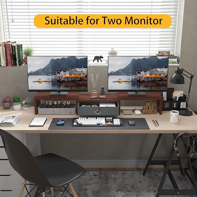 WESTREE Dual Monitor Stand Riser with Drawer - Adjustable Length and Angle, 2 Phone Hold, Desktop Organizer for Computer/Laptop/PC/Printer