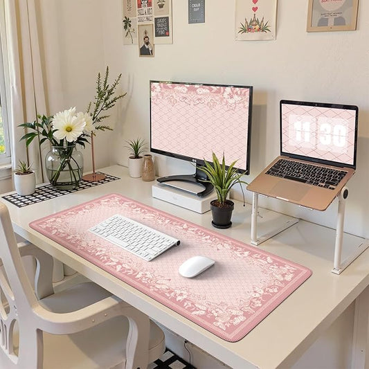 HAOCOO Cute Desk Mat, Pink Desk Matt for Desktop with Edge Stitching, Non-Slip Large Mouse Pad for Desk, Water-Resistant Computer Mat for Gaming,Women Office (Light Pink)