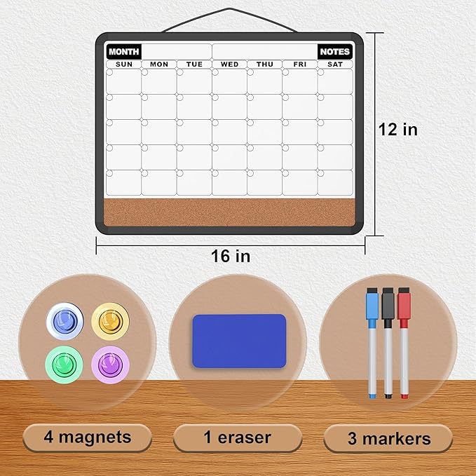 Monthly Calendar Dry Erase Board 16x12 Inch, Double-Sided Whiteboard and Corkboard Combo with Black Plastic Frame, Wall Mounted Planner Organizer with Markers, Magnets, Push Pins, Eraser