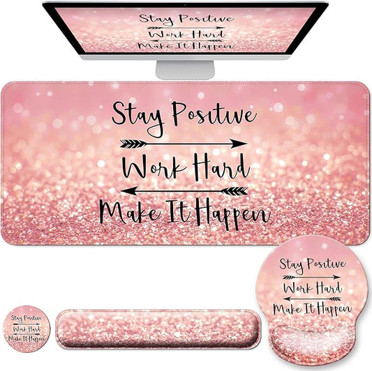 Desk Mat Set + Keyboard and Mouse Pad with Wrist Rest Support,4-in-1 Large Mousepad Computer Mats for Desktop Home & Office-Glitter Pink