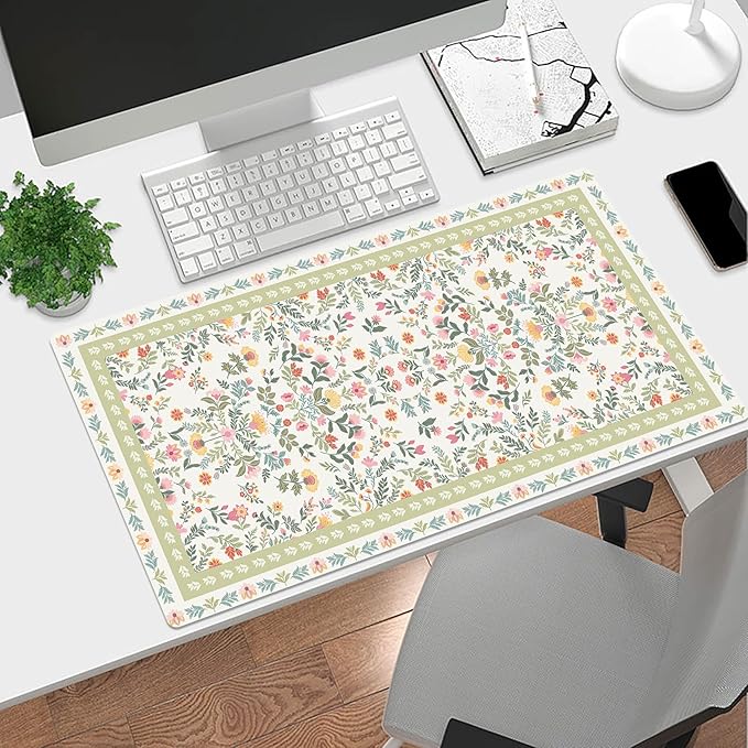 HVEST Cute Floral Mouse Pad, Sage Green Desk Mat,XXL Large Mouse Pad for Laptop Computer, Mousepad with Non-Slip Rubber Base and Stitched Edge for Game, Office, Home 31.5'' x 15.7''