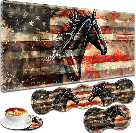 Large Gaming Mouse Pad + Keyboard Wrist Rest + Wrist Support + Coaster Set, Memory Foam Ergonomic for Easy Typing, XXL Extended Gaming Mouse Pad Table Pad - Flag Horse American