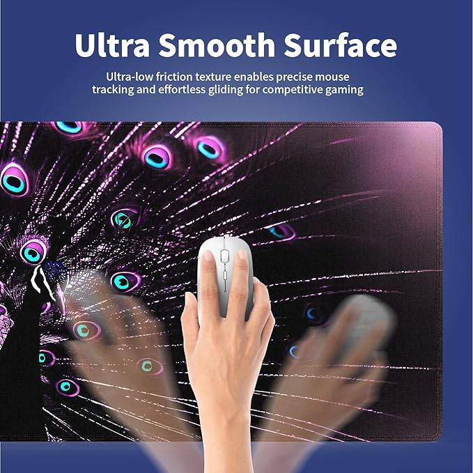 XXL Gaming Mouse Pad with Stitched Edges 31.5 x 11.8 Inches - Gorgeous Purple Black Peacock, Smooth Cloth Surface Natural Anti-Slip Rubber Base Large Desk Mat for PC Office/Home