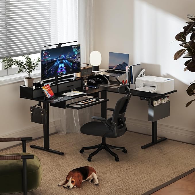 63 Inches Height Adjustable L Shaped Standing Desk with 2 Drawers and Keyboard Tray, Electric Sit to Stand Home Office Comupter Table, Ergonomic Corner Gaming Desk, Black