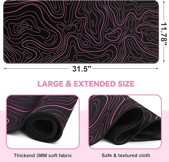 Mouse Pad Gaming Mousepad 31.5 x 11.8 in Large Mouse Pad for Keyboard and Mouse with Anti-Slip Rubber Base, Keyboard Pad XL Mouse Mat for Home and Office(Black with Red Topographic Line)