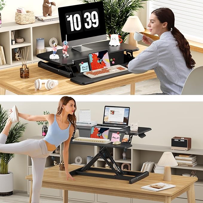 JOY worker Standing Desk Converter, 32" Height Adjustable Sit Stand Up Desk Riser with Keyboard Tray & 6 Fridge Magnets, Desktop Workstation Riser for Home Office Computer Laptop, Black